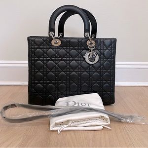 Lady Dior Large with Zipped Top in Black Lambskin Leather - Like New